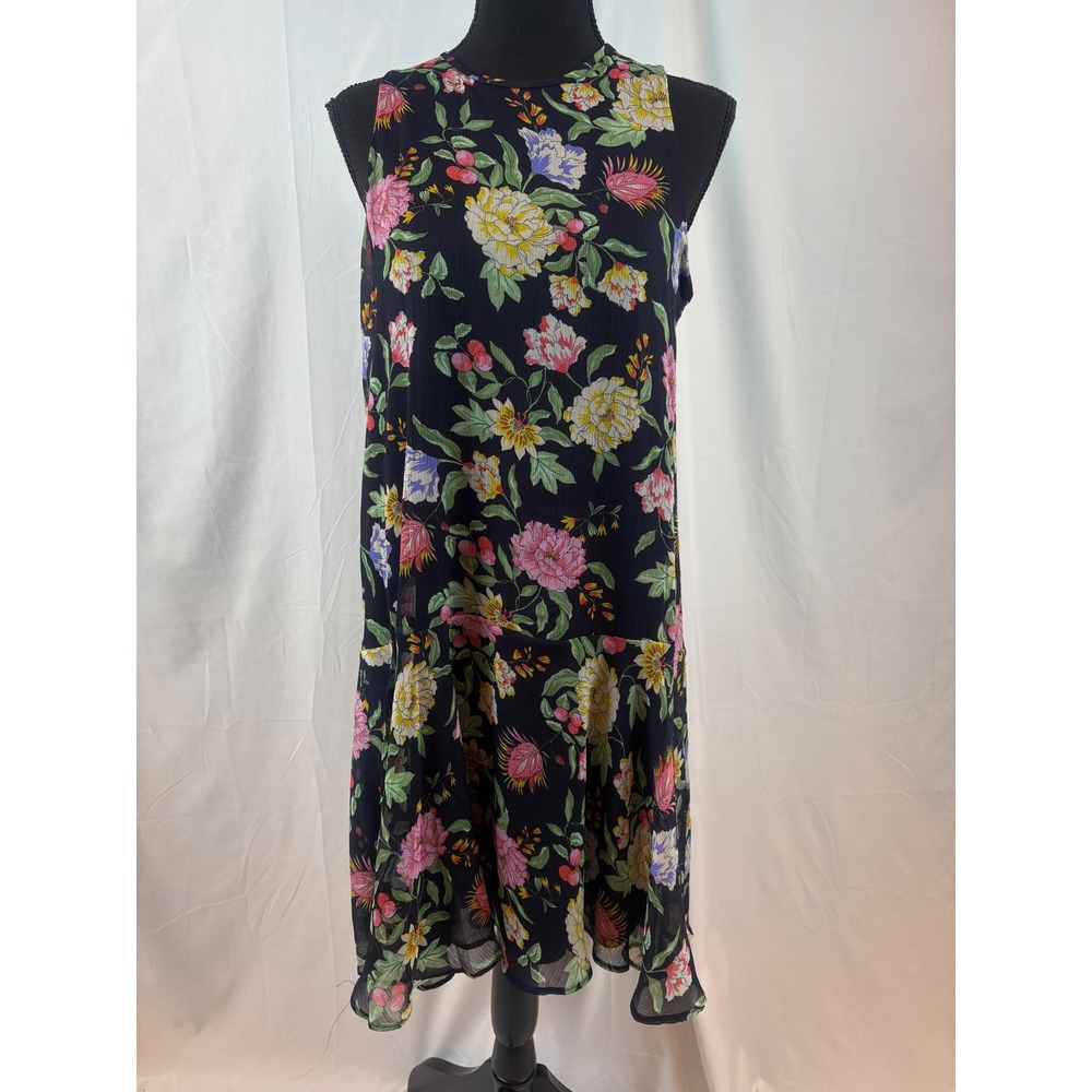 Navy Floral Sleeveless Midi Dress Flutter Hem Casual‎ Summer Vacation